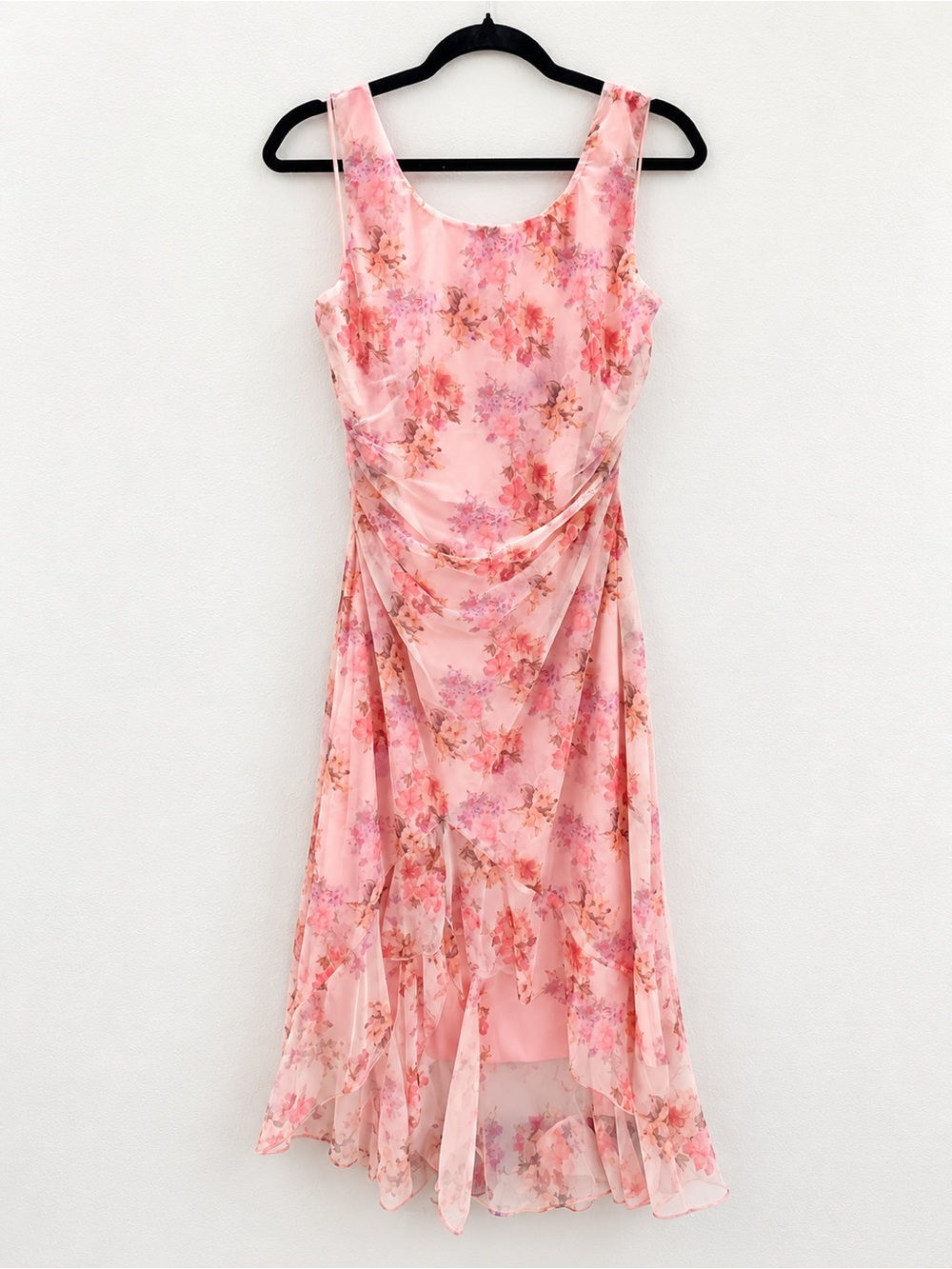 Romantic Pink Floral Sleeveless Midi Dress